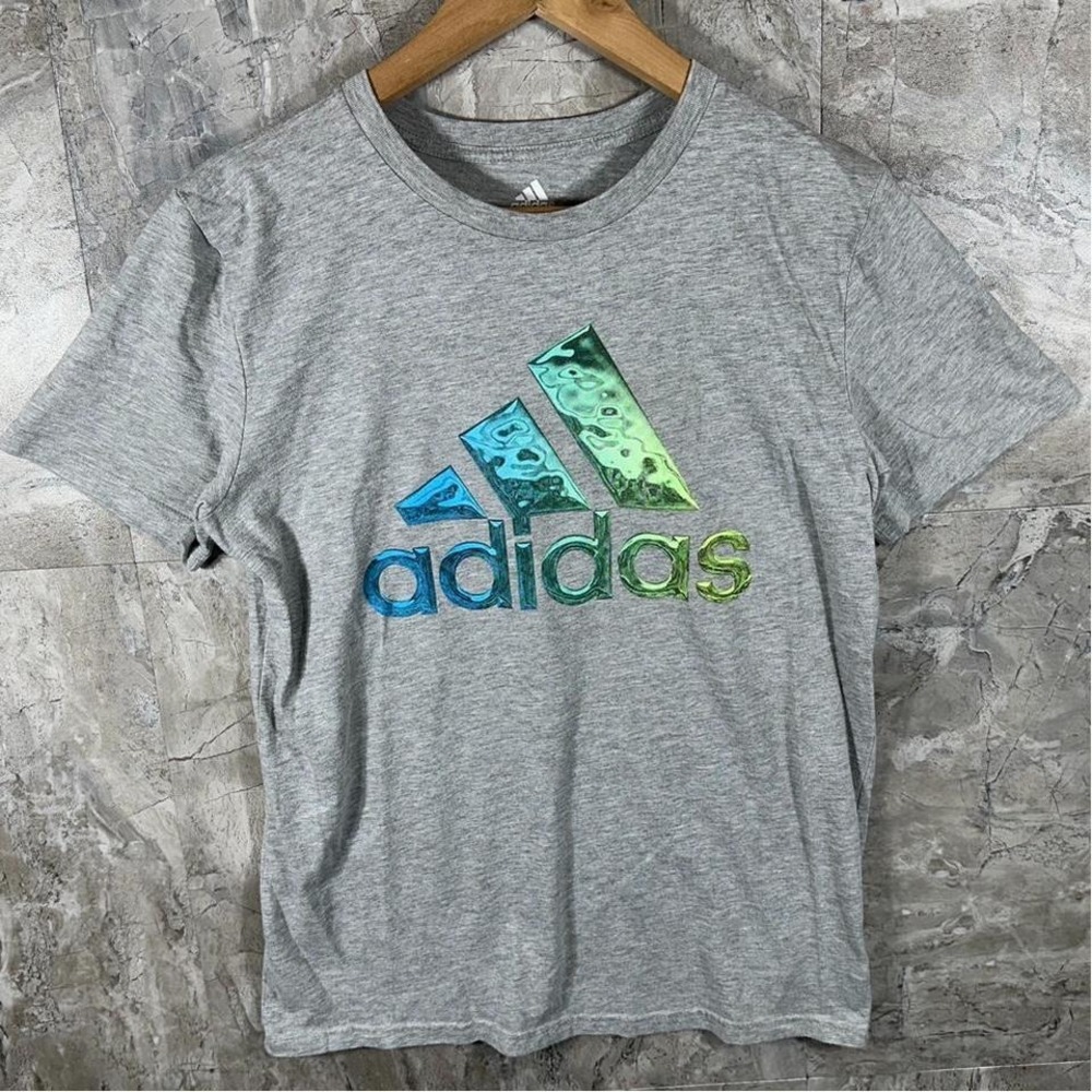 ADIDAS Youth L (14/16) Heatherd Gray Short Sleeve T-Shirt Green Blue Adidas Logo